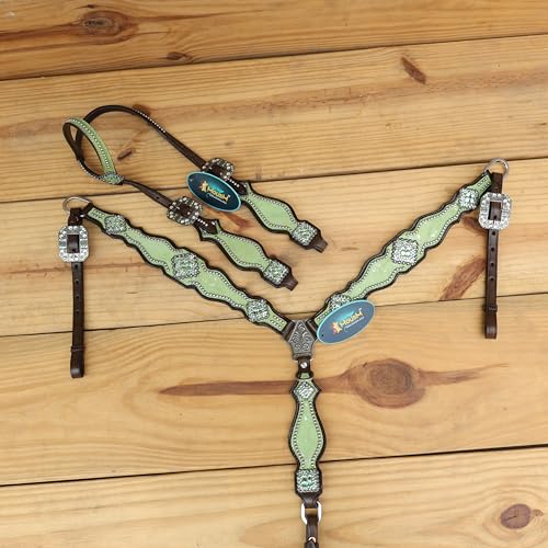 Western Leather Headstall & Breast Collar Set for Horses - Valentine’s Day Silver Metallic Cowhide with Rhinestones - color: Lime Green