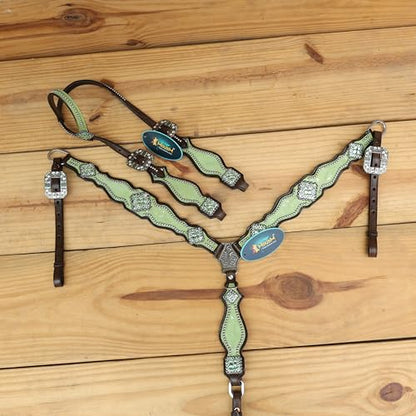 Western Leather Headstall & Breast Collar Set for Horses - Valentine’s Day Silver Metallic Cowhide with Rhinestones - color: Lime Green