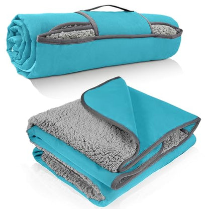 Tirrinia Waterproof Outdoor Blanket with Sherpa Lining, Windproof Foldable - color: Aqua/Grey, size: 59” x 80”