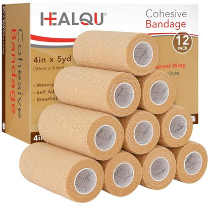 HEALQU Self Adhesive Bandage Wrap – 4" x 5 Yard, 12 Rolls Cohesive Tape for Athletic & Sports - Self Adherent Medical Tape, Flexible, Waterproof Elastic Bandages for Wrist & Ankle Vet Wrap for Dogs - size: 4 Inch Box of 12
