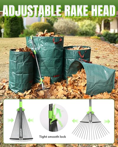 63.4 Inch Adjustable 18 Tines Metal Leaf Rake Set with 40 Gal Dustpan Bags | Adjustable garden rake, Leaf scoop set, Lawn debris collector, Metal tine rake,Outdoor yard tool,Garden shrub & grass sweeper - style: Green Rake Set