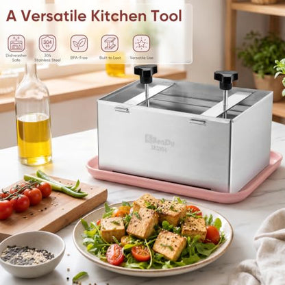 XL Tofu Press Stainless Steel, Tofu Maker and Paneer Press with Cloth, Pink - color: Stainless Steel Plus