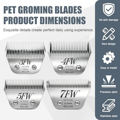 BILLAR 4Pack Dog Grooming Wide Blade,Detachable Pet Dog Grooming Blades,Compatible with Andis,Oster A5,Wahl km10 Clippers.（3FW+4FW+5FW+7FW） - size: 3+4+5+7FW