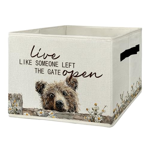 Rustic Bear Storage Bins & Boxes with Handles, Farmhouse Bear Foldable Basket for Organizing, Live Like Someone Left the Gate Open Collapsible Storage Basket for Bedroom Bathroom Clothes Toys - color: Bear