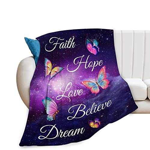 Butterfly Blanket Soft Warm Purple Butterfly Throw Blanket Plush Fluffy Lightweight Cozy Fleece Flannel Girls Gift Blankets for Women Kids Adults Bedding Couch Sofa Sofa 60"X50" - color: Faith Hope, size: 60"x50"
