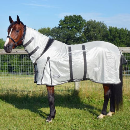 Country Pride Deluxe Mesh Fly Sheet, Full-Coverage Horse Fly Protection, Belly Band, Attached Neck Cover, Shoulder Gussets, Tail Cover, Adjustable Fit, Grey with Silver Trim (80 in) - size: 80 in