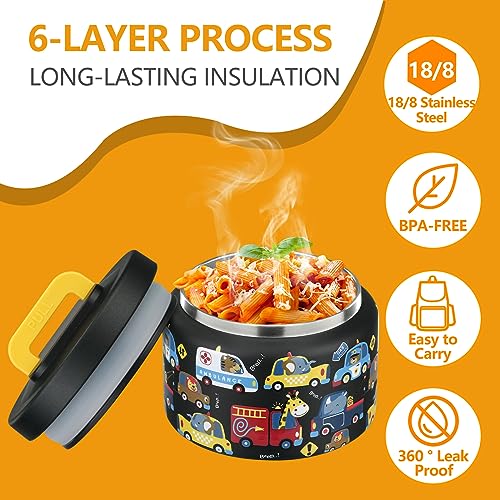 PIQUEBAR 8oz Kids Thermo for Hot Food,Small Lunch Thermo Food Container Stainless Steel,Easy Open Wide Mouth Thermo for Hot Cold Food for Preschool Travel - color: Black Animal Truck