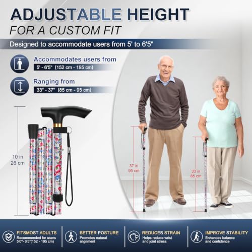supregear Folding Cane, 5-Level Adjustable Height Walking Stick Lightweight Collapsible Portable Travel Cane with Wrist Strap and T Handle for Elderly Disabled Men Women - color: White Floral