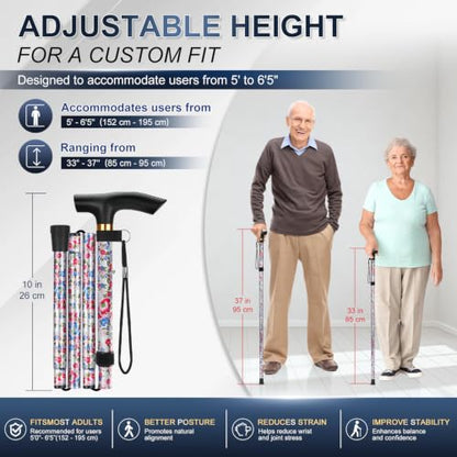 supregear Folding Cane, 5-Level Adjustable Height Walking Stick Lightweight Collapsible Portable Travel Cane with Wrist Strap and T Handle for Elderly Disabled Men Women - color: White Floral