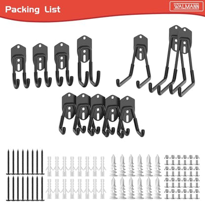 WALMANN Garage Storage Hooks, Wall Mount Utility Hooks for Tools, Black | Wall hooks for Ladders, Cords, Folding Chairs, Shovels and Rakes, Shelving Hooks for Keyhole Shelving Units - style: Black Hook