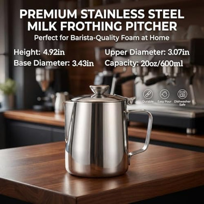 Milk Frothing Pitcher, 600ml (20oz), Stainless Steel Creamer with Lid | Fits for Milk, Coffee, Cappuccino and Latte Art - size: 20 Ounces