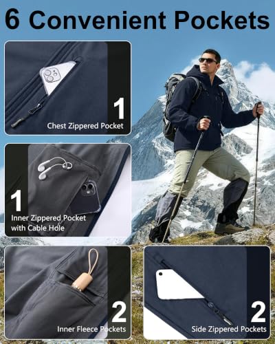 Outdoor Ventures Men's Softshell Jacket Waterproof Fleece Rain Shell Coat - color: Midnight Blue Heather, size: Medium