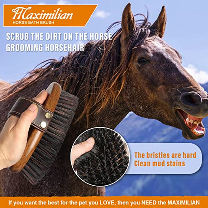 MAXIMILIAN Handmade Horse Brush Professional Horse Brushes for Grooming | 4cm Boar&PP Bristles,Beech Wood Brush Back,Double-Layer Belt,Horse Finishing Brush,Effective Remove Loose Hair Dust Dirt Mud