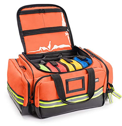 Scherber Fully-Stocked First Responder Professional Advanced EMT/EMS Trauma Kit | HSA/FSA Approved | Reflective Bag w/10+ Compartments, Zippered Pockets & 250+ First Aid Supplies (Orange) - color: Orange