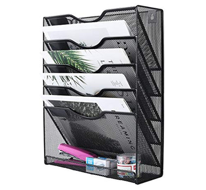 EasyPAG 5 Tier Wall File Holder Mesh Hanging Folder Organizer with Classify Label, Versatile Desk File Holder, Vertical Wall Mounted Mail Organizer for Office Home Cubicle, Black, Closed Sides - color: Black (Update）