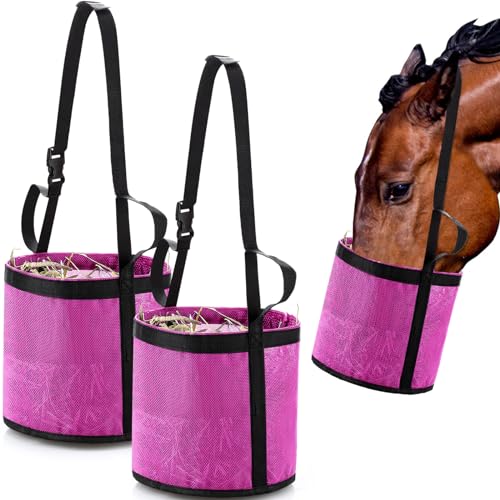 2 Pcs Horse Feed Bag, Heavy Duty Mesh Feeder with Adjustable Strap, Pink - color: Pink