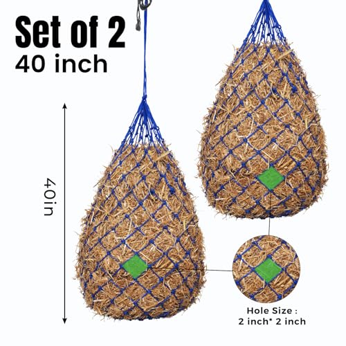 Slow Feed Hay Nets for Horses, 2 Pack, 40 Inch, 2 Inch Holes, Blue - color: Blue
