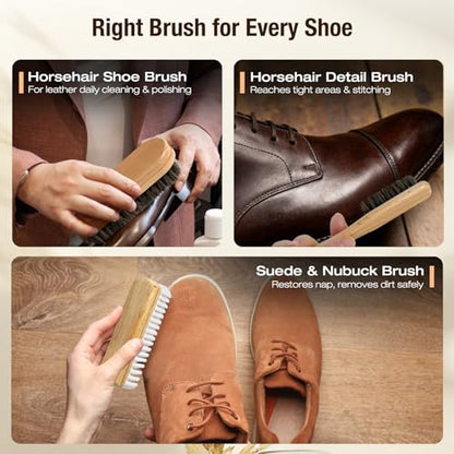 3Pcs Shoe Shine Kit, 2Pcs Horsehair Shoe Brush and a Suede Eraser - size: 3PCS