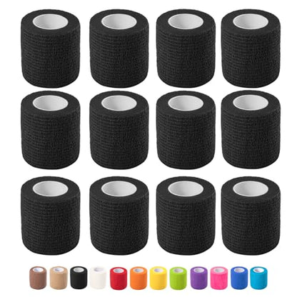 12 Pack Self Adhesive Bandage Wrap, 2 in x 5 Yards Vet Wrap Tape, Black | Non-Woven Self Adherent Cohesive Bandage for Thumb, Finger, Wrist, Knee, Ankle - color: Black