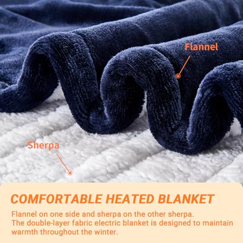 Heated Blanket Electric Throw, 50"x60" Soft Flannel Heating Blanket with 8 Hours Auto Off 10 Fast Heating Levels Machine Washable Sherpa Heated Throw Blanket with Overheating Protection - color: Navy, size: Throw(50" x 60")