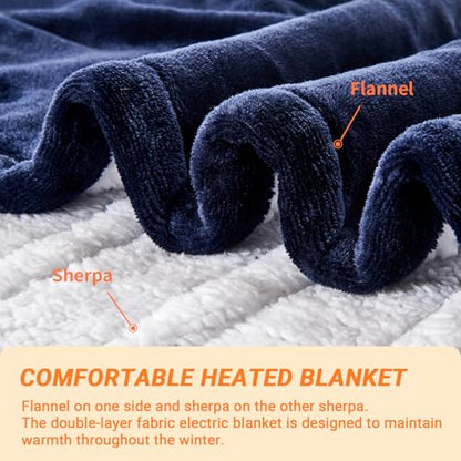 Heated Blanket Electric Throw, 50"x60" Soft Flannel Heating Blanket with 8 Hours Auto Off 10 Fast Heating Levels Machine Washable Sherpa Heated Throw Blanket with Overheating Protection - color: Navy, size: Throw(50" x 60")