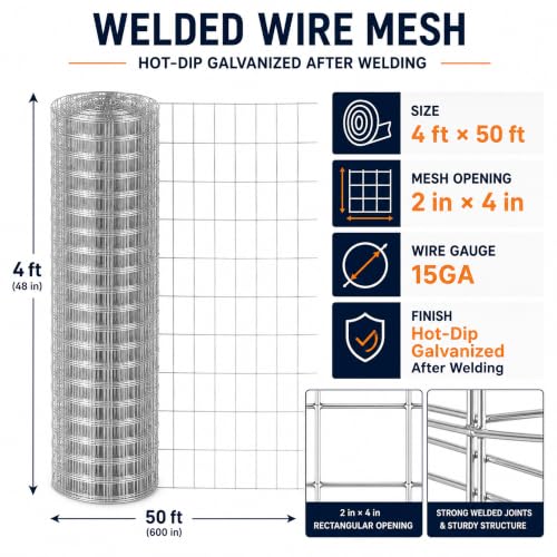 Welded Wire Mesh Fence 4ft x 50ft 2"x4" 15 Gauge Galvanized Wire Fence Roll | Heavy Duty Galvanized Wire fencing Roll for Garden Dog Pen Chicken Coop Livestock & Backyard Fencing Resistant Utility Fence - size: 2×4in 4'×50'