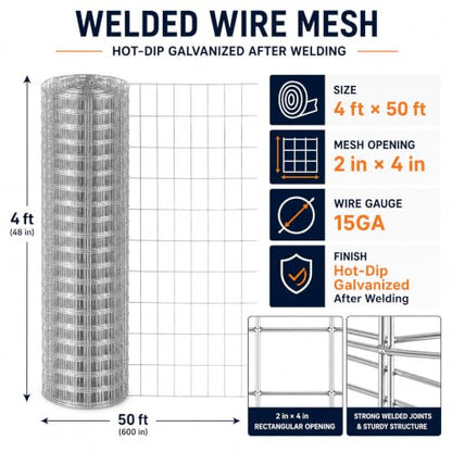 Welded Wire Mesh Fence 4ft x 50ft 2"x4" 15 Gauge Galvanized Wire Fence Roll | Heavy Duty Galvanized Wire fencing Roll for Garden Dog Pen Chicken Coop Livestock & Backyard Fencing Resistant Utility Fence - size: 2×4in 4'×50'