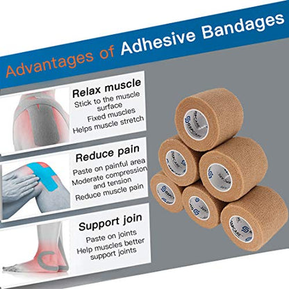 Self Adherent Cohesive Bandages Wrap 12 Count 2" x 5 Yards, Medical Tape, Adhesive Flexible Breathable First Aid Non Woven Rolls, Stretch Athletic, Ankle Sprains & Swelling, Sports… - color: Beige, size: 12 Count (Pack of 1)