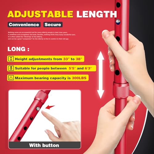 BigAlex Folding Walking Cane with LED Light,Pivoting Quad Base,Adjustable Walking Stick with Carrying Bag for Men/Women(5'5''-6'3'' Red) - color: Red