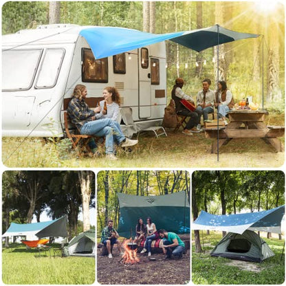 Forceatt 12x14FT Tarp with 2 Poles, Waterproof Anti-UV Camping Tarp Car Awning (UPF50+), Lightweight Sun Shelter for Car, Tent and Hammock in Hiking, Backpacking, Garden and Traveling - color: Light Blue