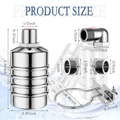 Float Valve, 304 Stainless Steel Float Valve, Automatic Water Level Control Valve - No Electricity Needed, Manual Shut Off for Water Tanks, Pools, Livestock Troughs(1/2” & 3/4” 1” Kit, Side/Top Entry)