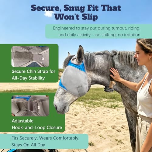 Horse Fly Mask Without Ears, Breathable Mesh UV Protection, Soft Fleece Trim, Adjustable Secure Fit, No Eye Rubbing, Lightweight for Turnout (M) - size: Medium