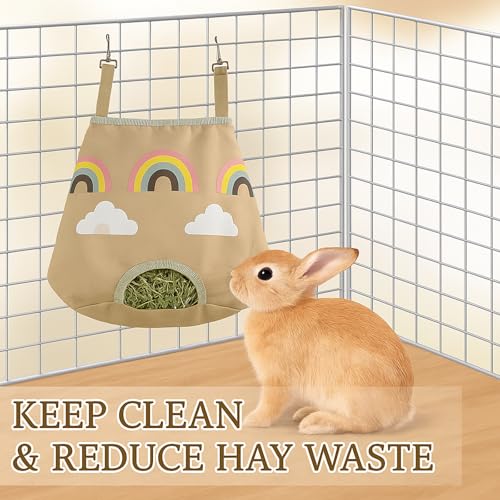 Rabbit Hay Feeder Bag for Guinea Pigs and Chinchillas | Cute Rainbow Design, Washable Oxford Cloth, Single Hole Timothy Hay Holder