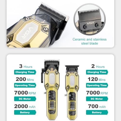 VGR 600&900 Cordless Barber Clipper Trimmer Set with LED Display, Gold - color: Gold
