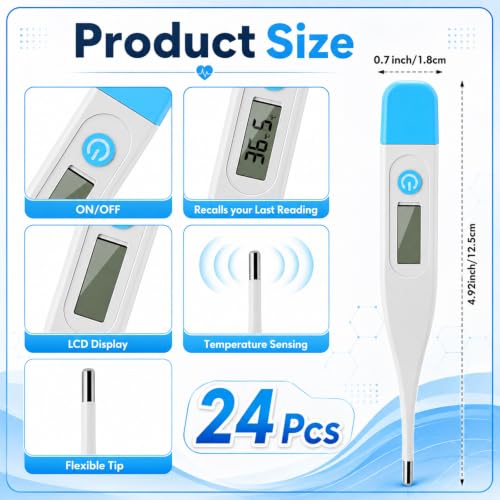 24 Pack Digital Thermometer for Adults Digital Oral Thermometer for Fever Basal Body Fast Reading Hard Probe for Underarm Rectal Mouth Temperature Measurement