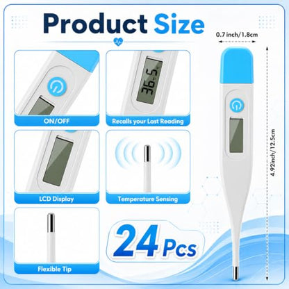 24 Pack Digital Thermometer for Adults Digital Oral Thermometer for Fever Basal Body Fast Reading Hard Probe for Underarm Rectal Mouth Temperature Measurement