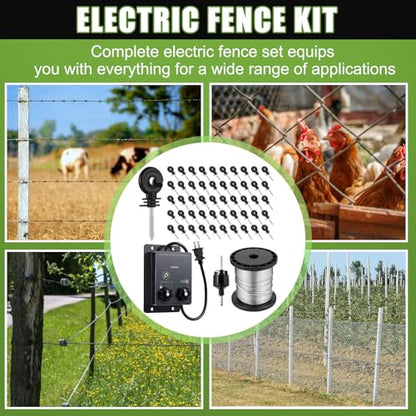 MorningRo 2-Mile 5000V 0.1Joule Electric Fence for Preventing Animals Intruding, 50 Black Fence Insulator and 1 Socket Tool, 250ft Aluminum Wire for Electric Fencing Grid System Accessories - size: 76M