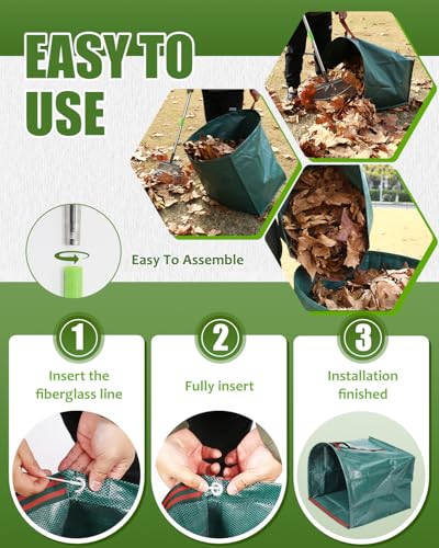 65 Inch 25 Tines Metal Leaf Rake Set with 40 Gal Dustpan-Type Bags | Heavy duty garden rake, Leaf gathering tool, Yard waste bag set, Metal dustpan rake, Lawn tool, Grass clippings sweeper - style: Green Dustpan