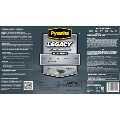 PYRANHA Legacy Fly Spray for Horses - Water-Based Long Lasting Fly Control Repels Horn, Deer, Horse, House, Stable, & Face Flies, Ticks, Mites, Mosquitoes, Gnats & Lice, 1 Quart - size: 1 Quart