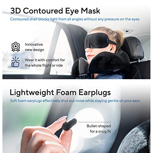 Proglobe Travel Blanket Luxury Travel Set - Ergonomic Airplane Neck Pillow 100% Pure Memory Foam and Super Soft Fleece Blanket - Premium 3D Sleep Mask & Earplugs - Ultimate 4-in-1 Traveling Kit Black