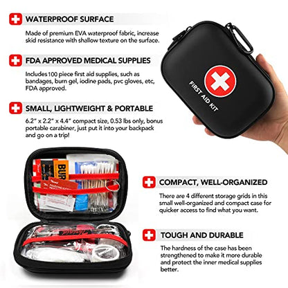 Mini First Aid Kit, 100 Pieces Water-Resistant Hard Shell Small Case - Perfect for Travel, Outdoor, Home, Office, Camping, Hiking, Car (Black) - color: Black