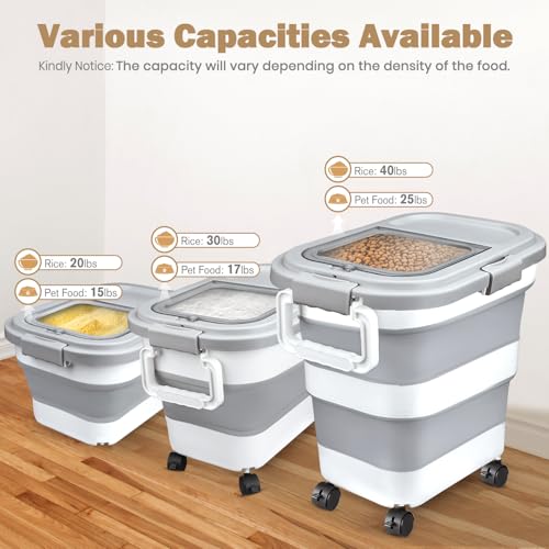 Komzon Rice Storage Container 10-40 lb, 25 lb Pet Dog Food Storage Container, Collapsible Airtight Rice Container,Rice Dispenser Bin with Cup and Scoop for Flour Cereal Pasta Grain, Cat Bird Food - size: 10-40 Lbs