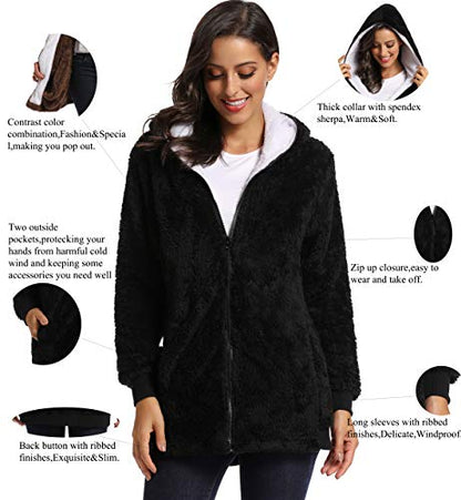 Fleece Coat for Women,Women's Oversized Zip Up Hooded Jacket Winter Plus Size Sherpa Coat - color: Ablack, size: Medium