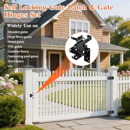 Self Closing Gate Hinge and Latch Kit for Vinyl & Wood Fence Gates, Heavy Duty Gate Hardware Kit with Self Locking Latch, Adjustable Hinges, Installation Screws Included, 2 Latches & 4 Hinges - size: 3.9'4'(L)x