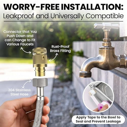 Automatic Animal Drinking Water Bowl with 2 Float Valves-304 Stainless Steel Automatic Water Dispenser for Dogs & Farm Animals, Auto-Refill, Leakproof Drain Hole, Extra Long 100cm Hose