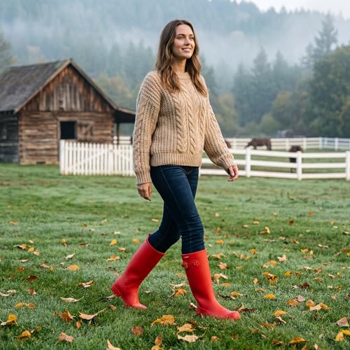 HISEA Women Rain Boots Slim Calf Tall Waterproof Tight PVC Rubber Rainboots - color: Red-slim Calf, size: 8