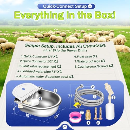 Ademon Automatic Animal Drinking Water Bowl with Float Valve, Extended Pipe & Drain Hole,3L Stainless Steel Waterer Feeder Farm Dog Dispenser Kit Self Filling for Livestock Horse Goat Water Trough - color: 71" Hose & Drain