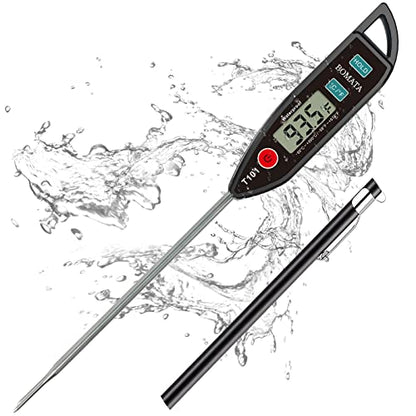 BOMATA Digital Water Thermometer for Liquid, Meat, Cooking, IPX7 Waterproof | Instant Read Food Thermometer, 5in Long Probe for Candle, Water, Meat, BBQ! T101 (Black Color)… - color: Black