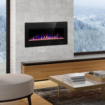 R.W.FLAME 36 inch Recessed and Wall Mounted Electric Fireplace, Ultra Thin ad Low Noise, Fit for 2 x 4 and 2 x 6 Stud, Remote Control with Timer,Touch Screen,Adjustable Flame Color and Speed - size: 36"