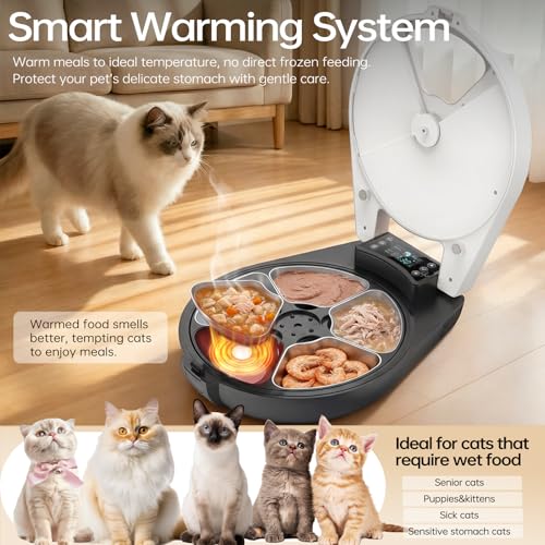 Automatic Wet Food Cat Feeder, 3 Days Freshness 5 Meals Cat Food Dispenser, Semiconductor Cooling & Heating with 304 Stainless Steel Bowl, Programmable Timer Refrigerated Auto Cat Feeder